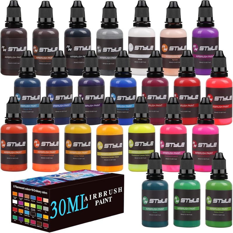 rhinowisdom Airbrush Paint - 24 Colors Airbrush Paint Set 1fl oz, Opaque & Brilliant Colors, Leather & Shoe Acrylic Air brush Paint Kit Ready to Spray Water Based for Artists Beginners Hobbyist… - Image 1
